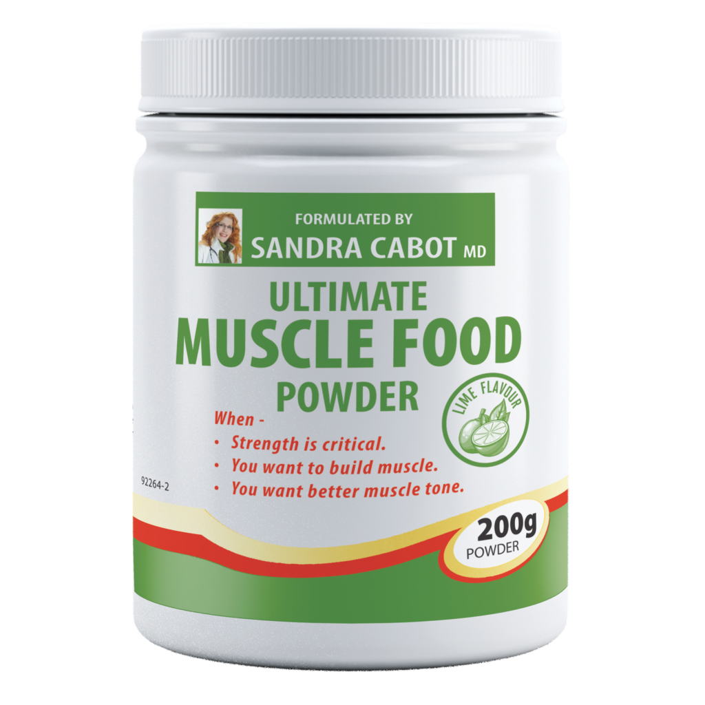 Ultimate Muscle Food Powder – Lime Flavour by Sandra Cabot MD A white container of “Ultimate Muscle Food Powder” by Sandra Cabot MD, featuring a green and white label with lime flavor indication, designed for muscle strength and tone.
