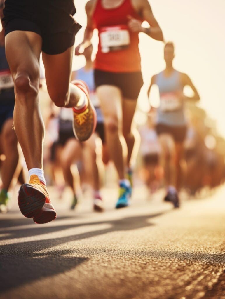 Group of Runners in a Marathon Representing Energy and Endurance Close-up of runners’ legs during a road race, symbolising energy, endurance, and healthy lifestyle